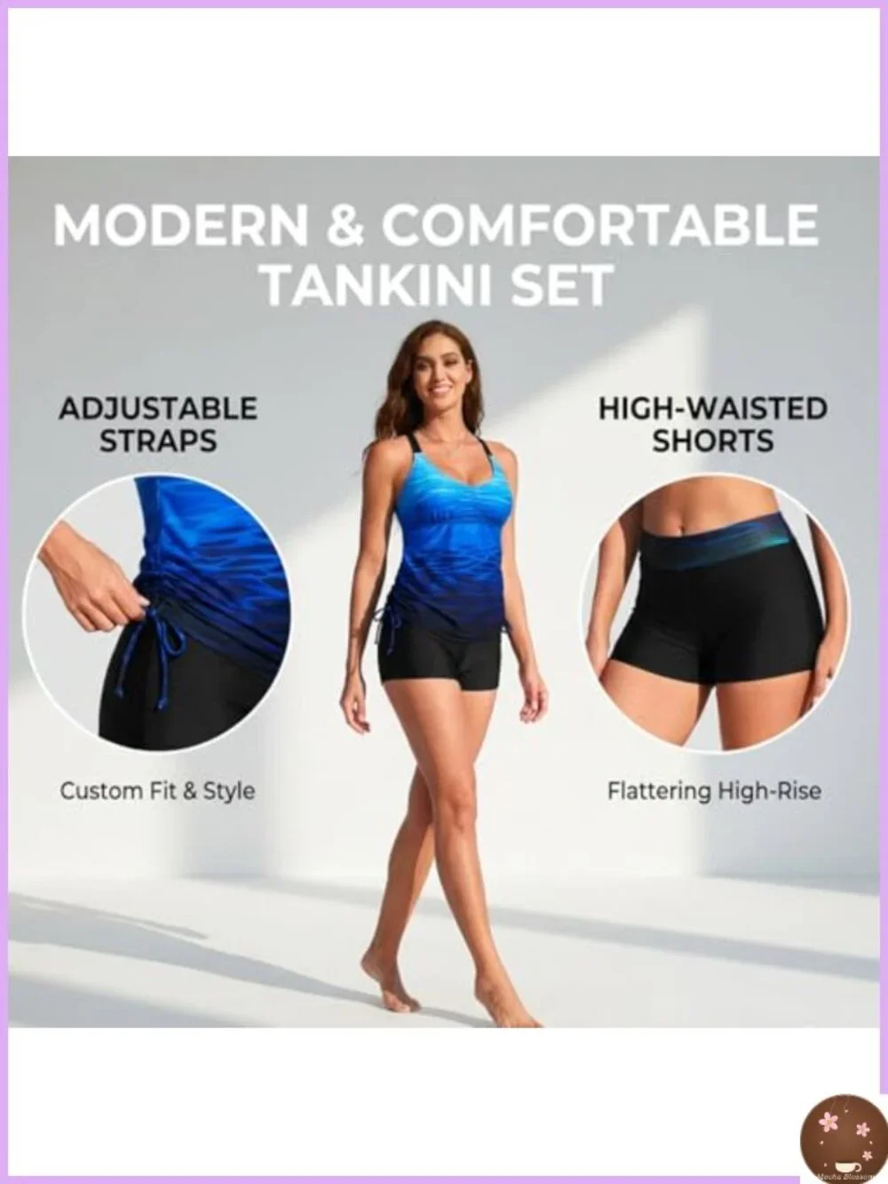 Women's Tankini Swimset with Shorts - Tummy Control 2 Piece Adjustable Straps